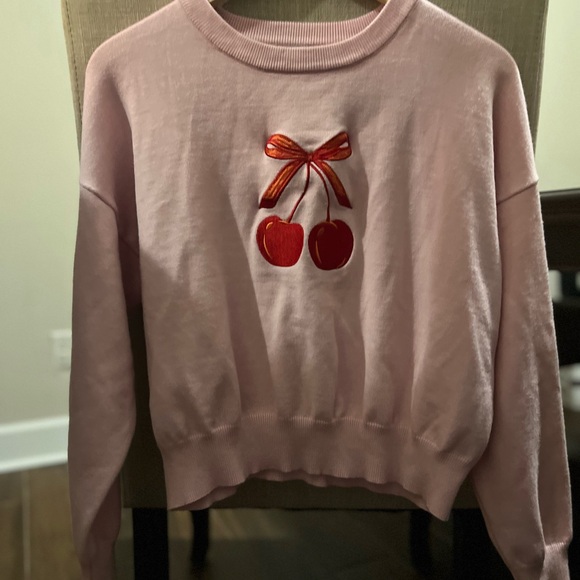 Faded Rose Pink Cherry Embroidered Cropped Sweater Coquette Y2K Soft Girl Size M - Picture 5 of 11